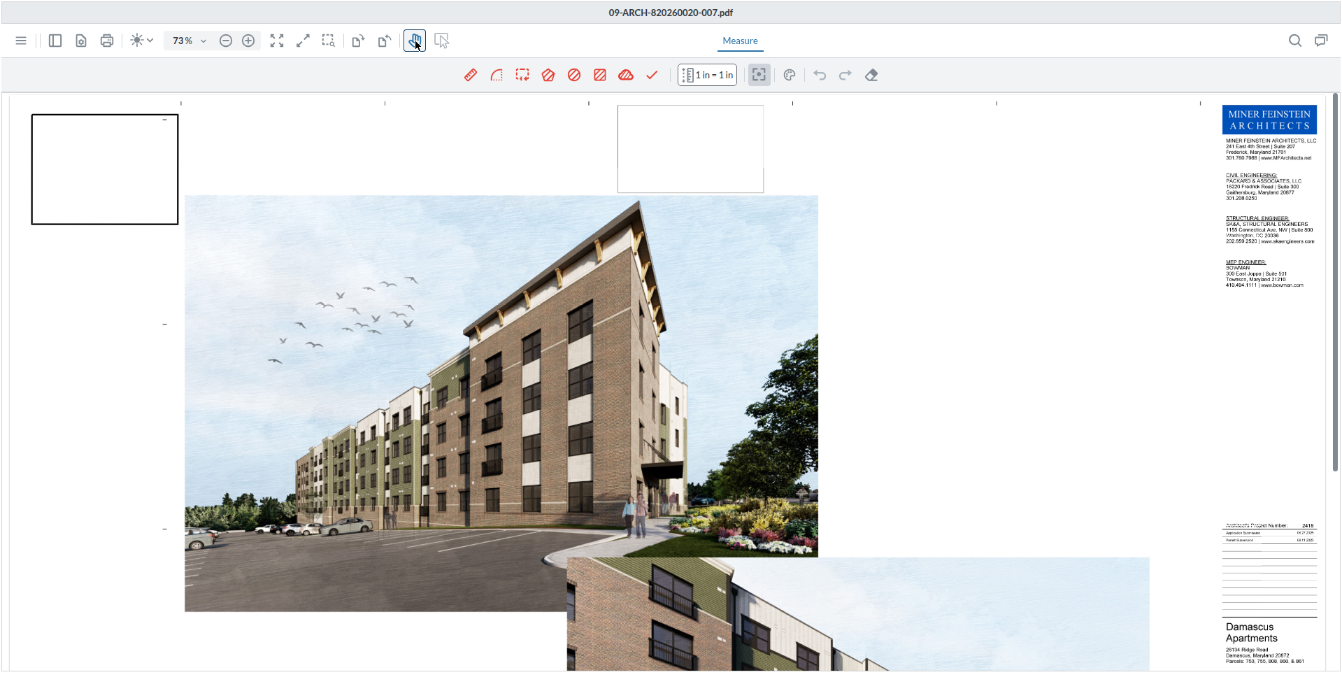 The applicant's full architectural rendering sheet showing the proposed four-story apartment building at 26134 Ridge Road